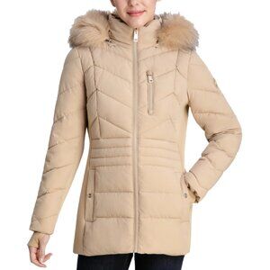 MK MICHAEL KORS BEIGE PUFFER JACKET COAT WOMENS HOODIE FAUX FUR SIZE XS 159106